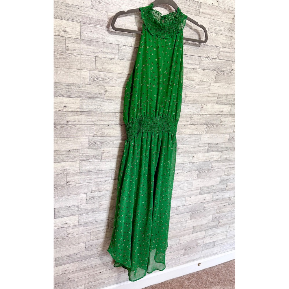 West Kei Vibrant Green Floral Halter High-Low Smocked Waist Lined Dress Sz-Small - Picture 7 of 10